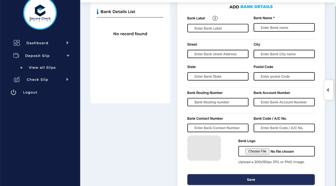 bank details page