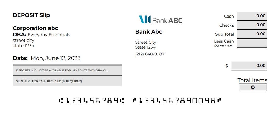 deposit slip upper part