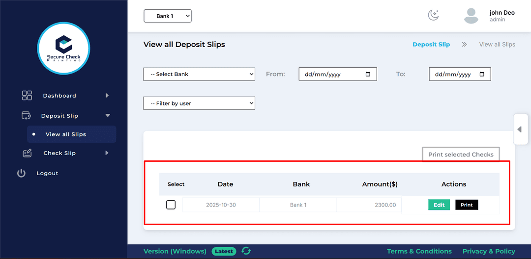 deposit slip bottom list